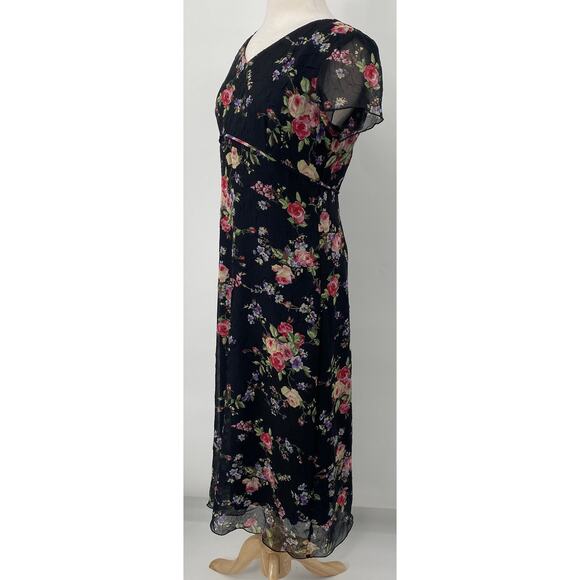 Vintage 90s Floral Print Midi Dress Crepe Empire Tie Waist V Neck Black Pink M - Picture 6 of 9